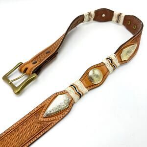 Nocona Western Concho Belt 30 Brown Leather Tooled Basketweave Rawhide Brass